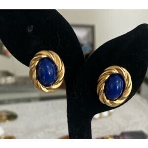 VTG KJL for AVON Pierced Gold Tone Blue Oval Cabochon Earrings